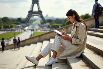 Femme assise sur les marches du Trocadéro à Paris dessinant dans un carnet avec la Tour Eiffel en arrière-plan