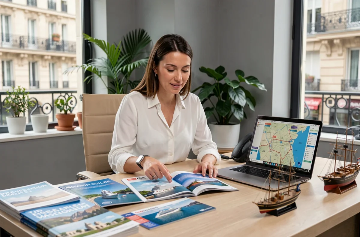 Agent de voyage présentant des brochures de croisière au départ de Paris dans une agence moderne