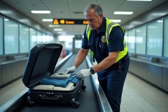 Agent de sécurité aéroport en uniforme inspectant un bagage