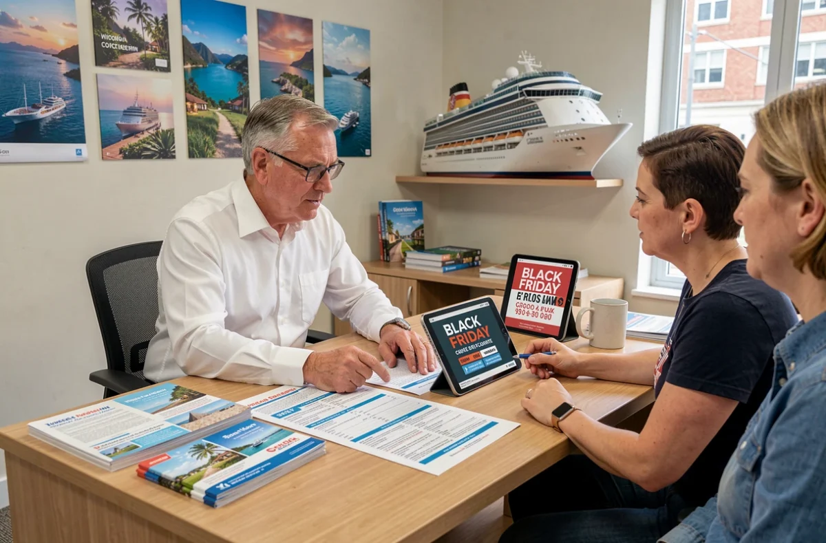 Agent de voyage présentant des offres de croisière Black Friday à des clients en agence