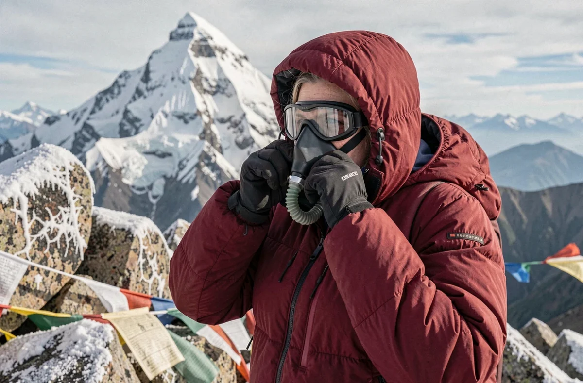 Alpiniste féminine équipée en combinaison haute altitude devant un sommet enneigé majestueux lors d'une expédition en montagne