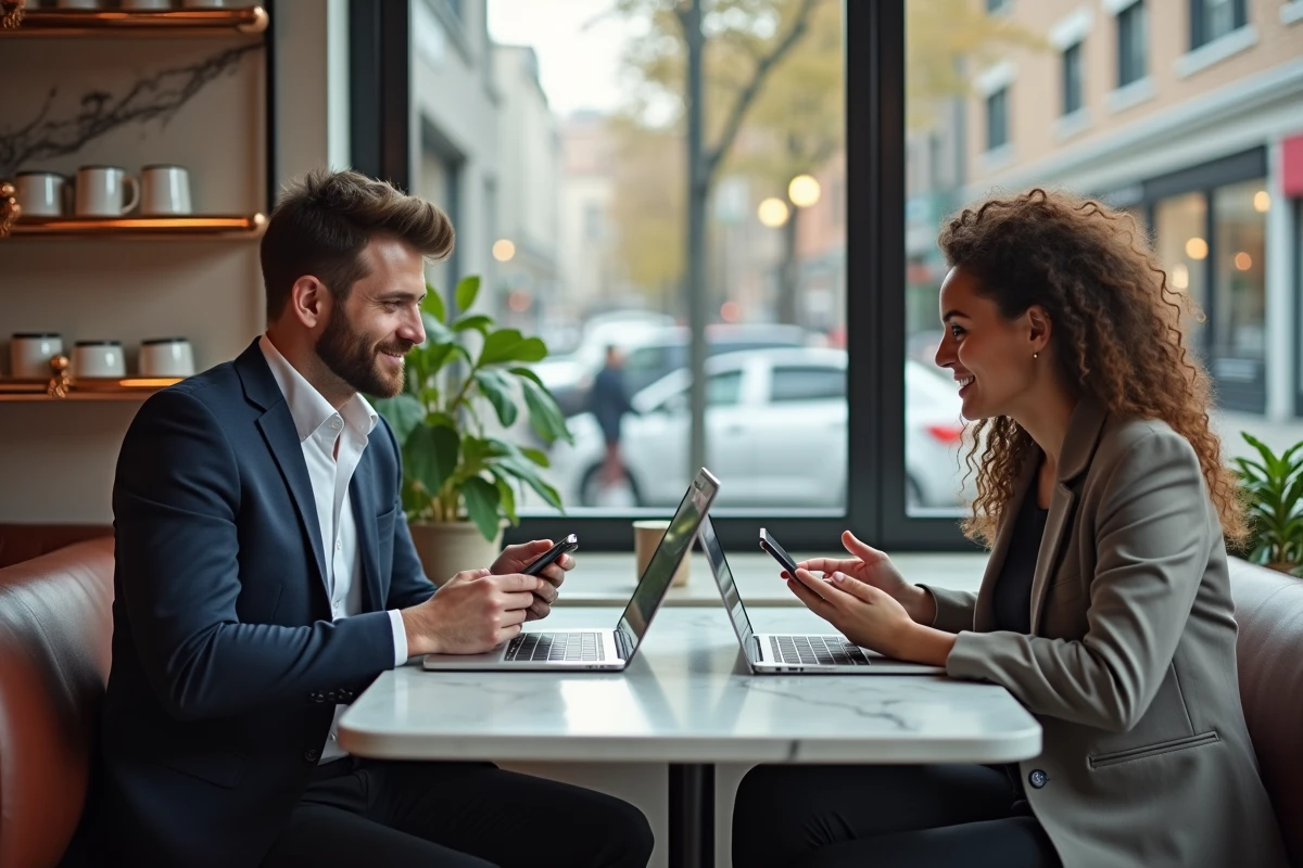 Deux amis vérifiant une carte cadeau en ligne au café