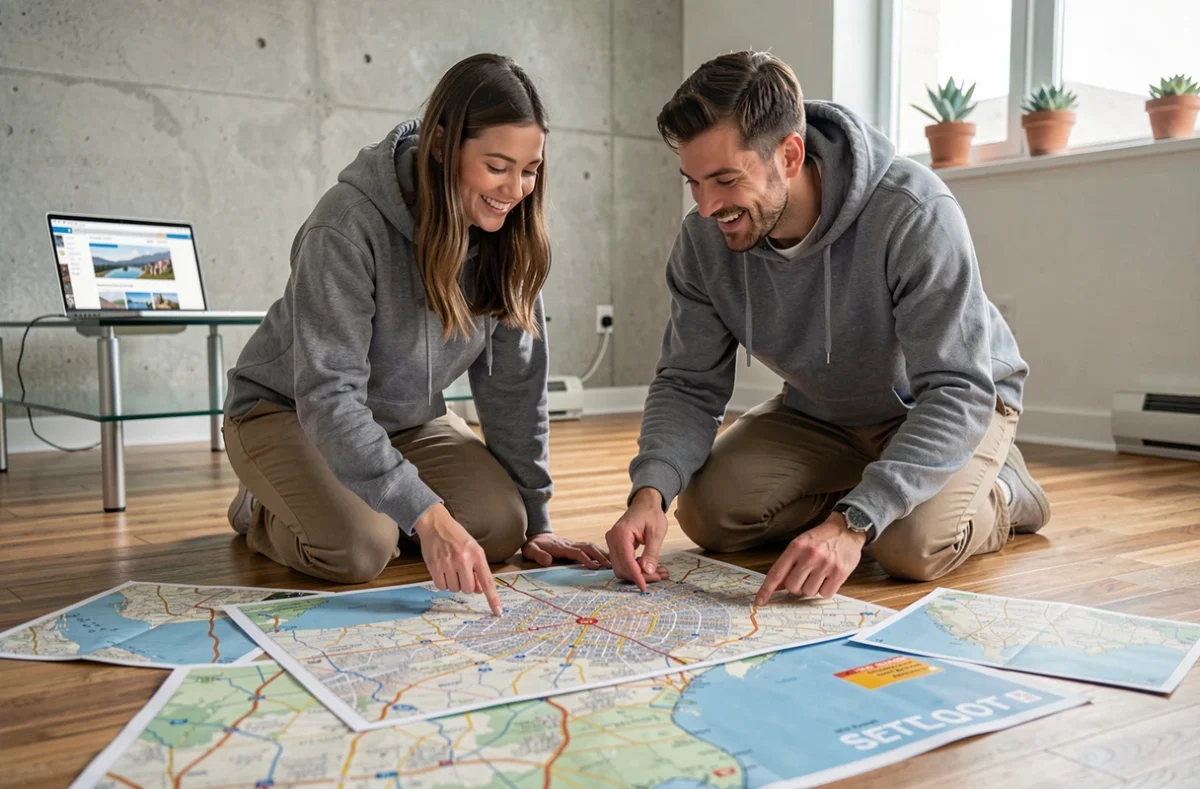 Deux amis planifiant un road trip américain avec des cartes imprimables étalées sur le sol