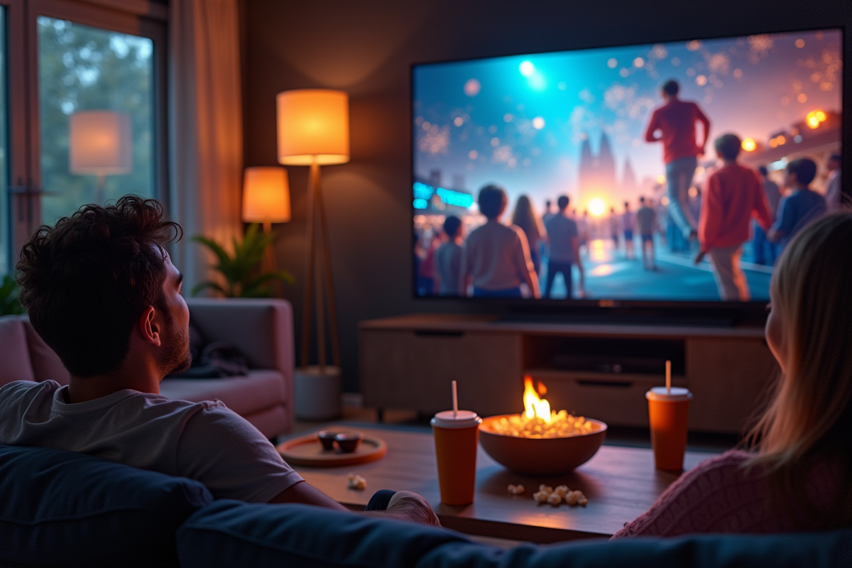 Groupe d'amis regardant un film dans un salon moderne