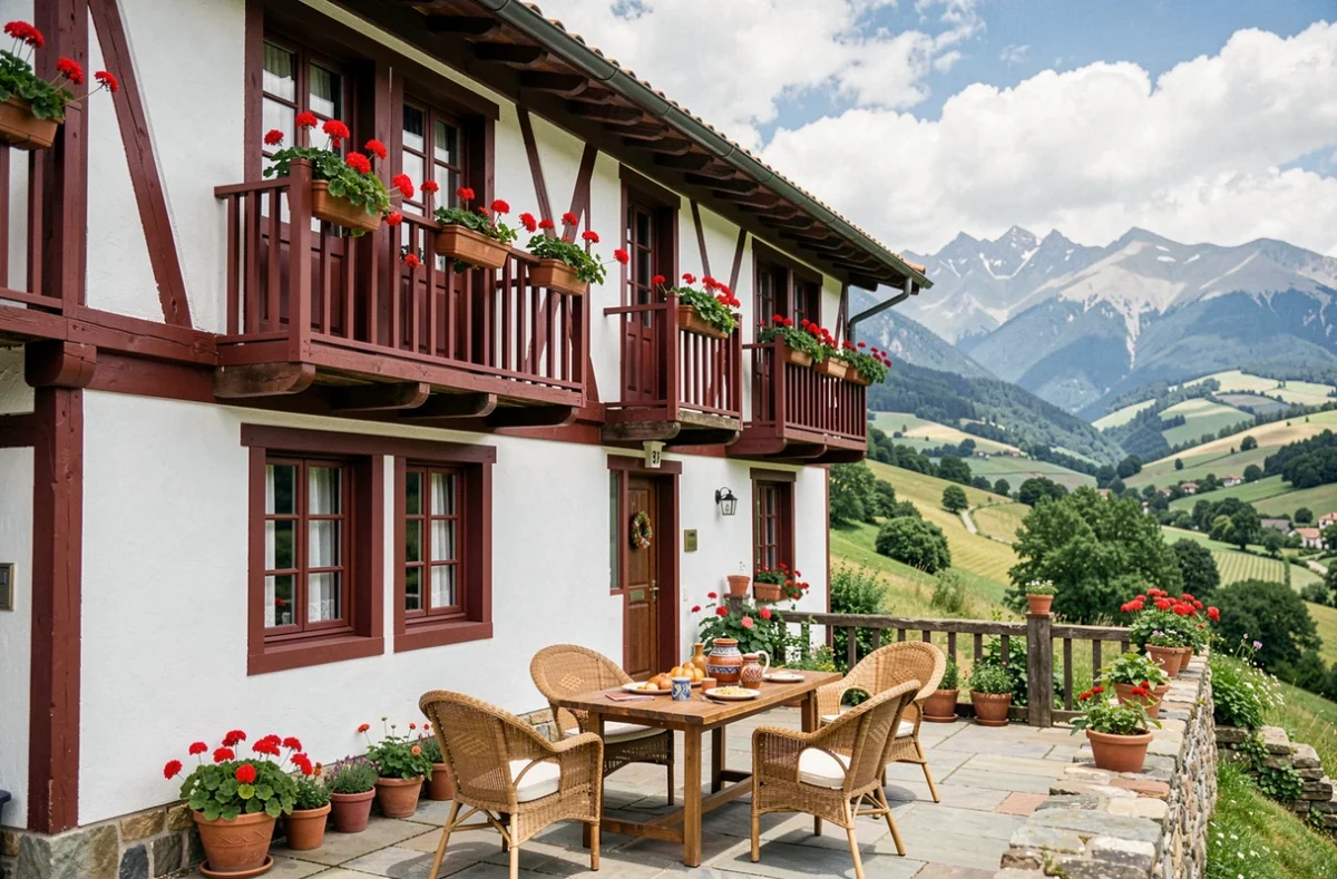L'Amphitryon, maison d'hôtes au style basque avec colombages rouge et blanc et géraniums en balcon