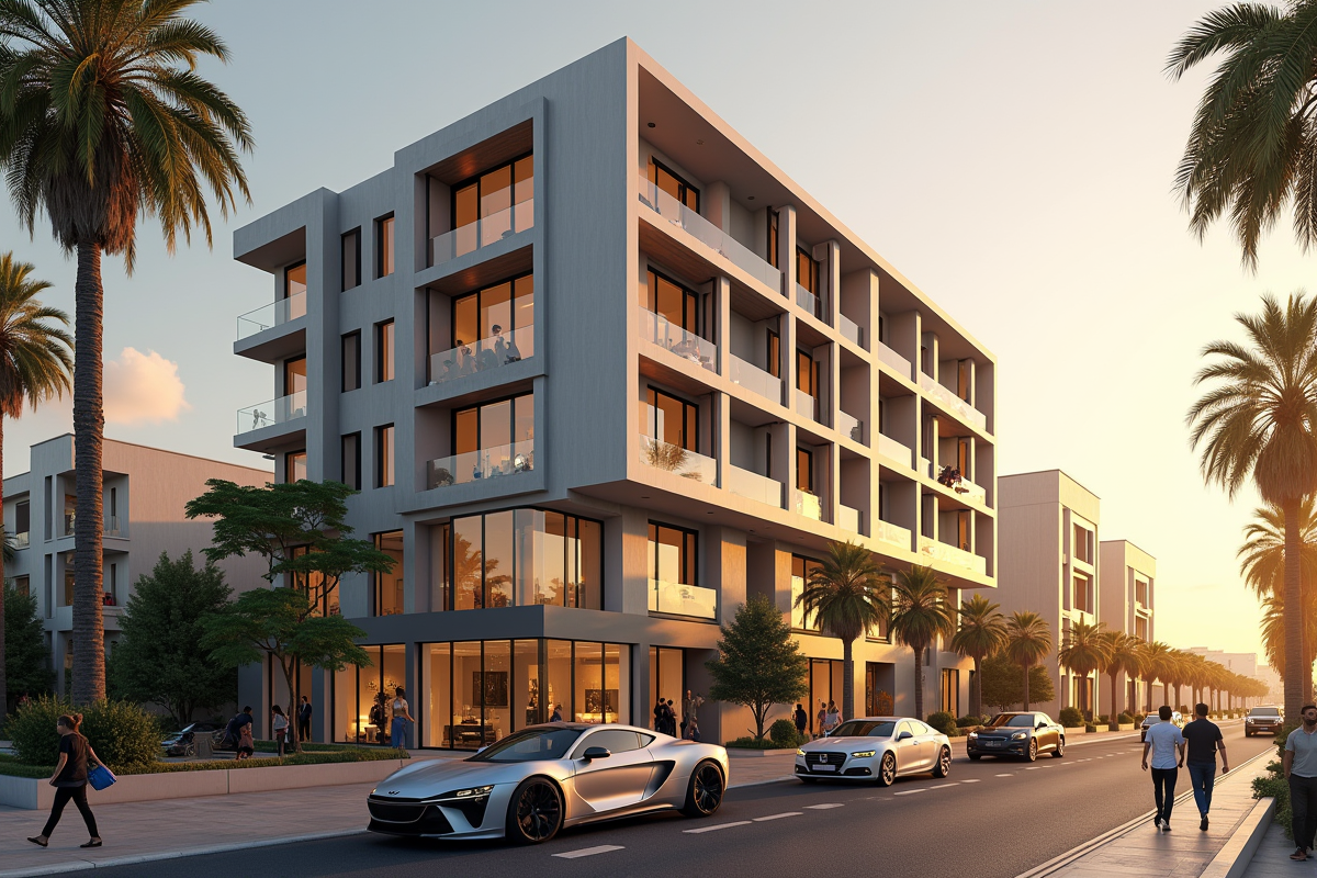 Immeuble moderne de luxe à Casablanca lors de l'heure dorée