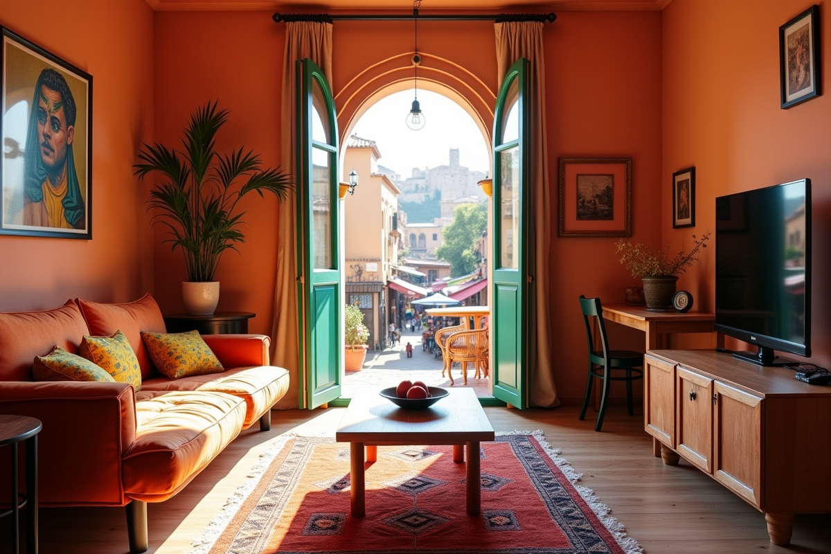 Studio marocain lumineux avec décoration colorée et vue sur le marché