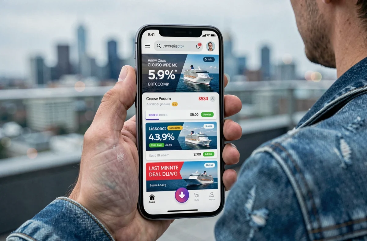 Homme consultant des offres de destockage croisière sur une application mobile de réservation