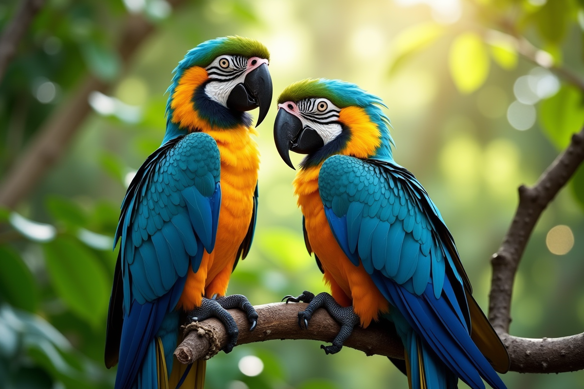 Perroquets bleus et verts perchés sur une branche dans la jungle
