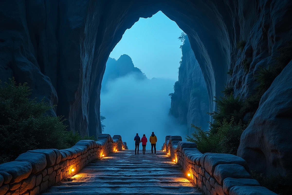 Arche naturelle de Tianmen Cave à Zhangjiajie photographiée de nuit avec des touristes gravissant les marches sous un ciel étoilé