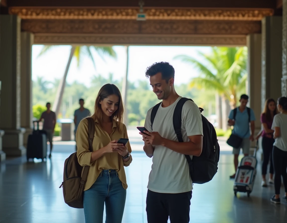 Deux voyageurs à leur arrivée à l'aéroport de Bali vérifiant l'heure locale sur leurs téléphones