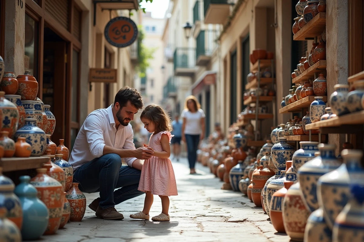 Père et fille explorant les boutiques d'artisanat traditionnel grec dans le quartier Plaka à Athènes