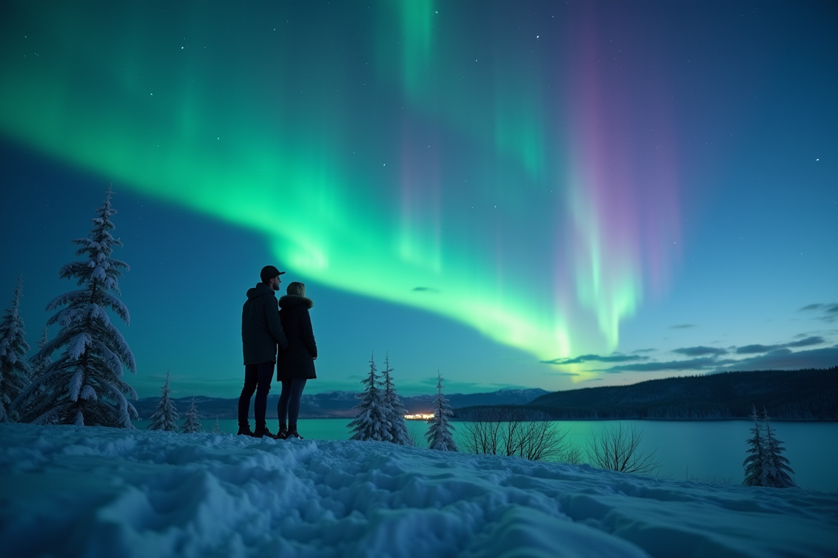 Couple sur une colline enneigee sous les aurores boréales