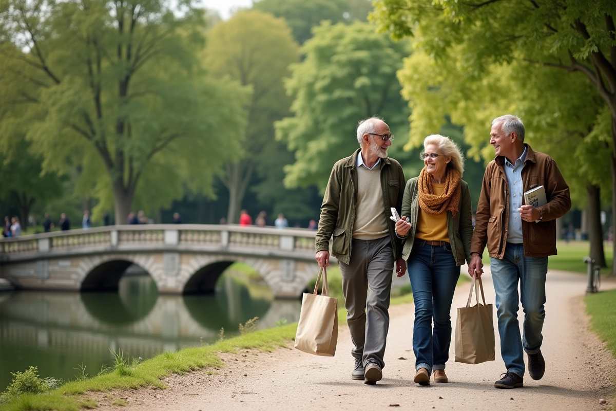 Groupe de personnes âgées se promenant dans un parc parisien