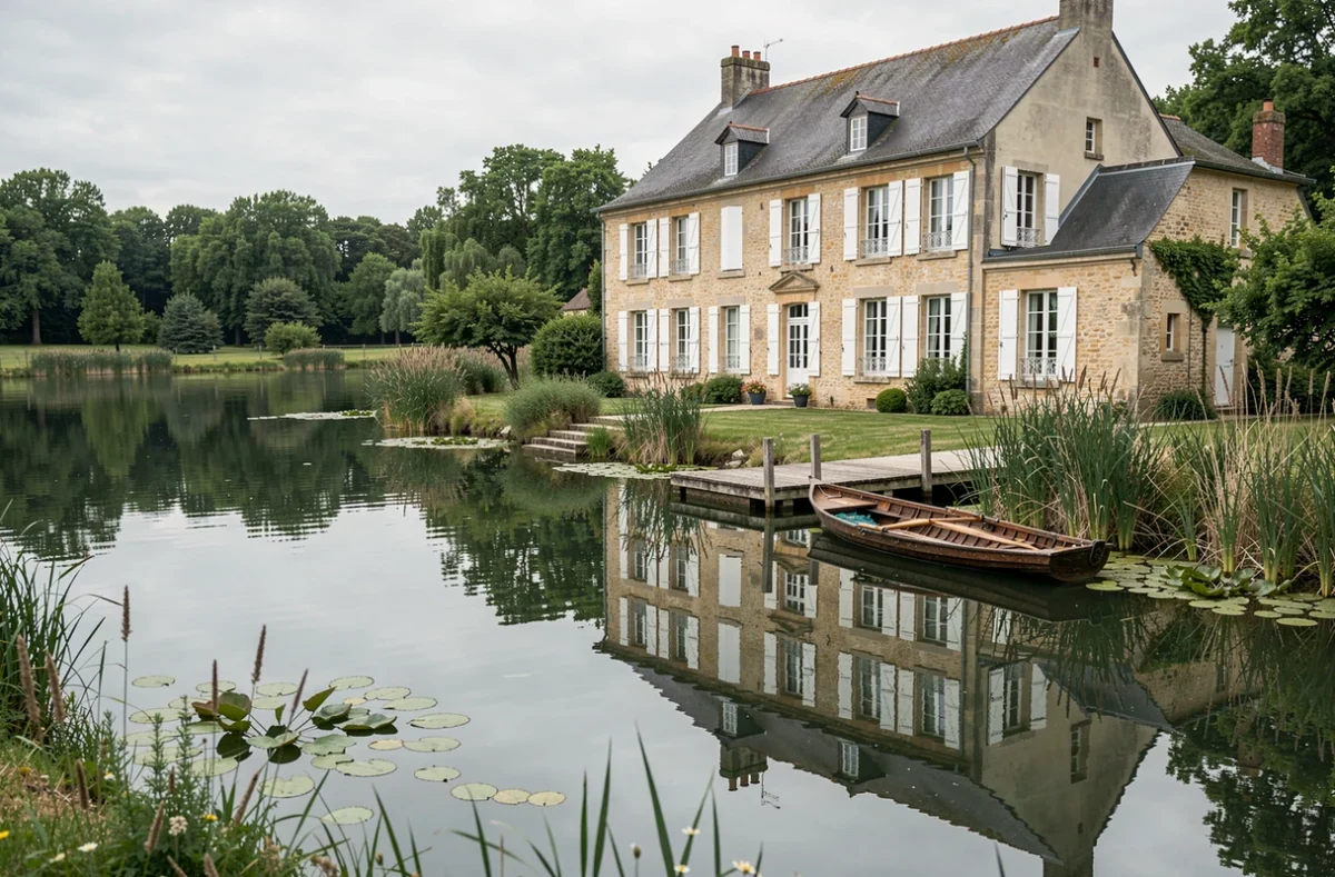 Le Bassin du Tertre, maison d'hôtes au bord d'un étang paisible avec reflets et barque en bois