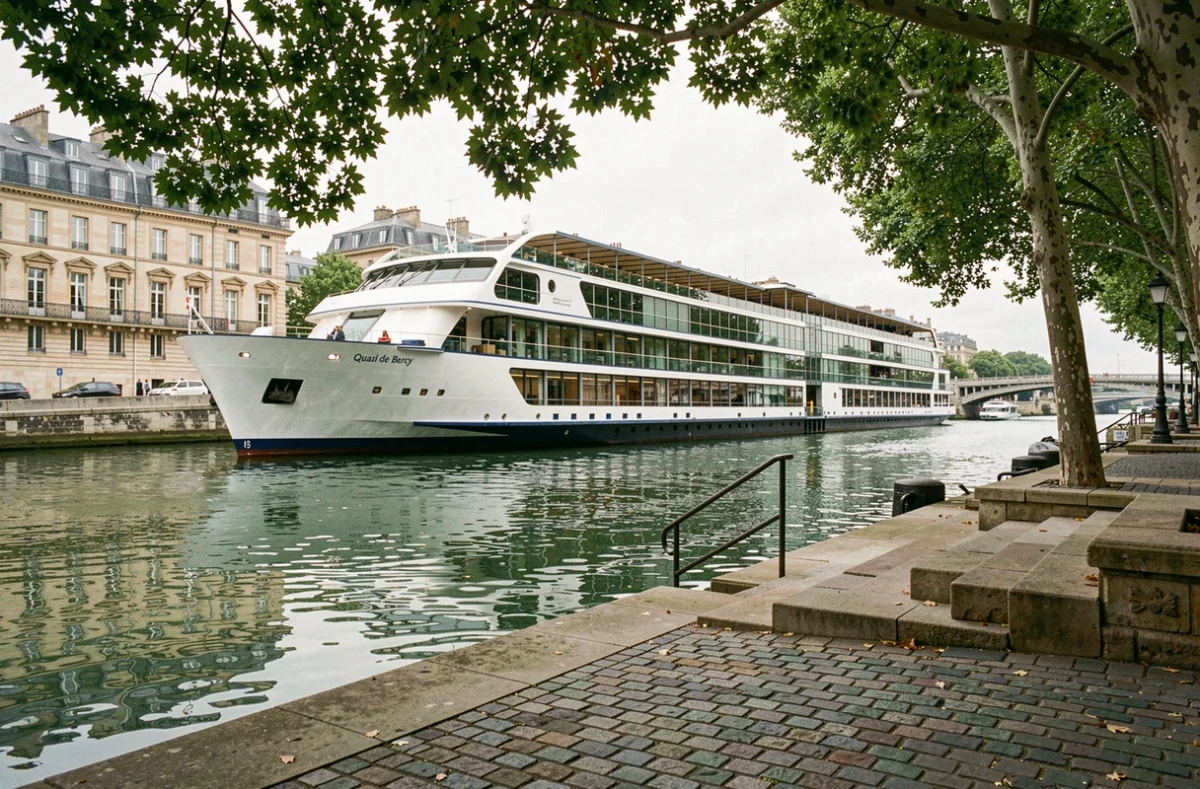 Bateau de croisière fluviale amarré sur les quais de la Seine à Paris avec architecture haussmannienne