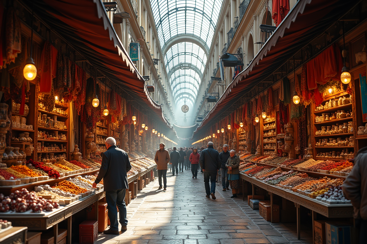 Intérieur d'un bazar européen animé avec étals colorés