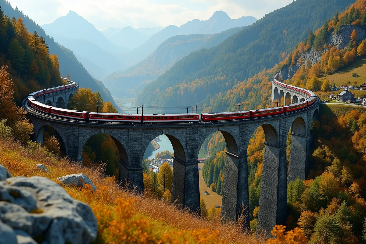 Bernina Express traversant le viaduc de Landwasser en pierre sur fond de vallée suisse automnale avec forêts colorées