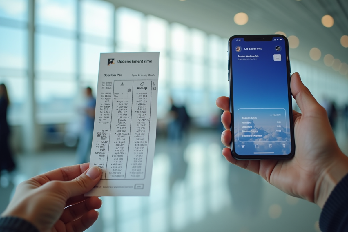 Main tenant un billet d'embarquement avec smartphone numérique