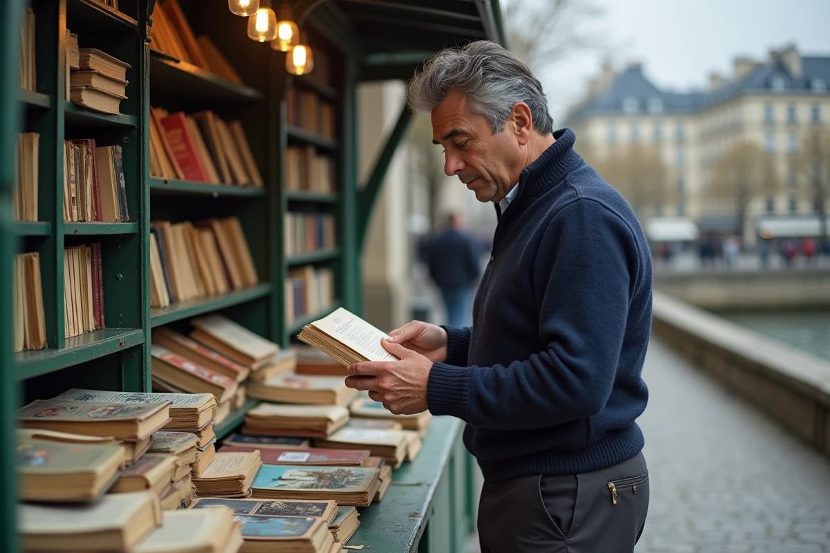Homme parcourant les étals de livres anciens chez un bouquiniste sur les quais de la Seine à Paris