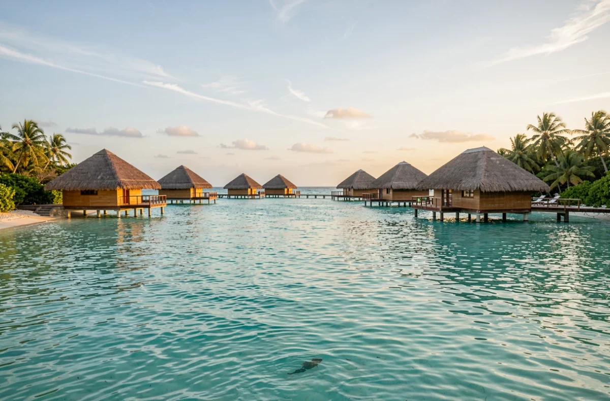 Bungalows sur pilotis au bord d'un lagon turquoise de l'océan Indien