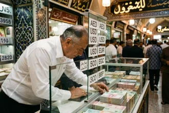 Bureau de change à Deira Dubaï avec taux de change en dirhams affichés sur un tableau manuscrit