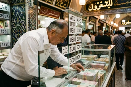 Bureau de change à Deira Dubaï avec taux de change en dirhams affichés sur un tableau manuscrit