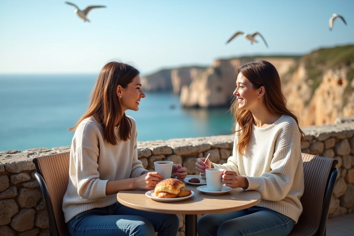 Deux femmes dégustant café face à la côte rose