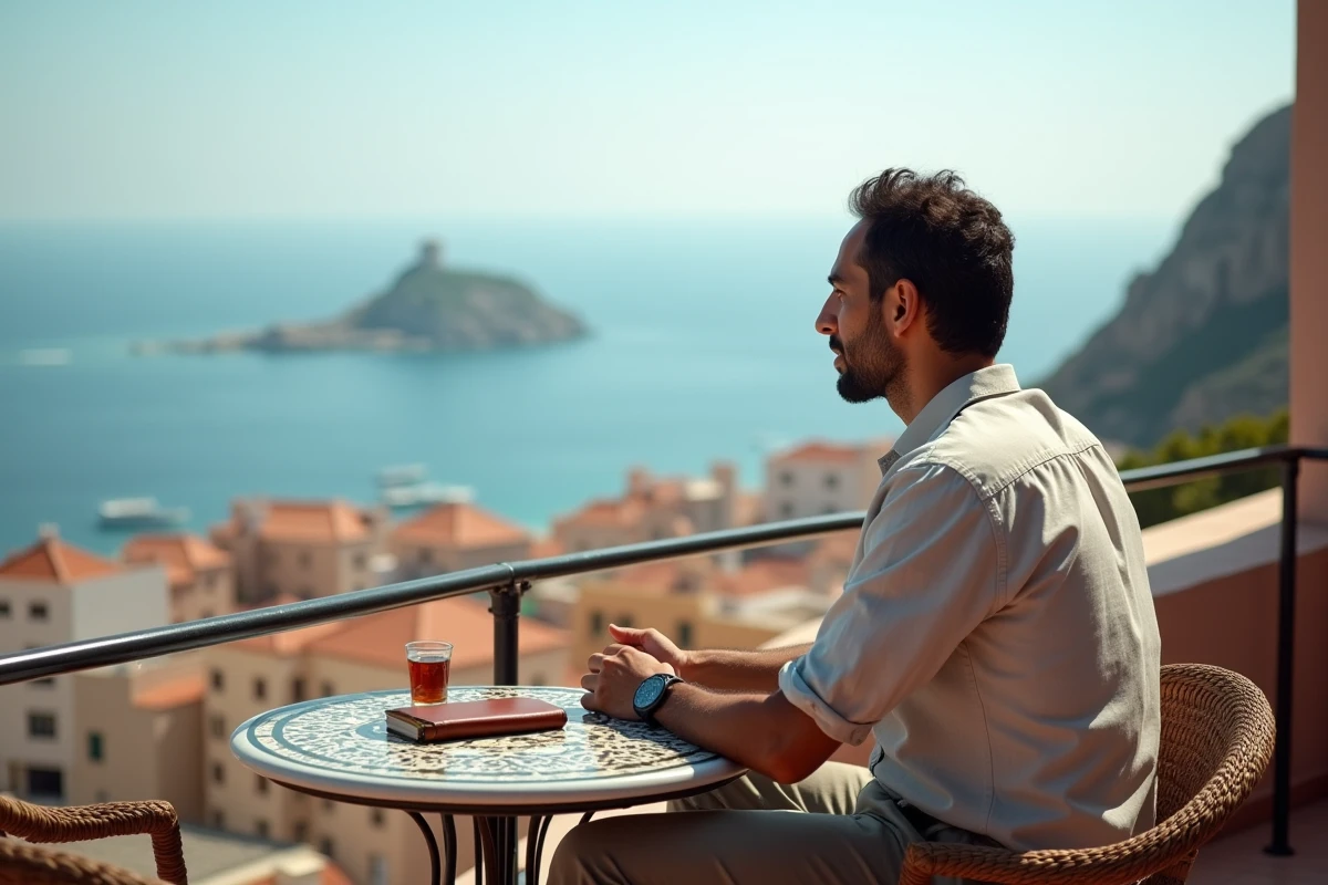 Homme marocain attablé dans un café en terrasse à Tanger avec vue sur le détroit de Gibraltar et la côte espagnole
