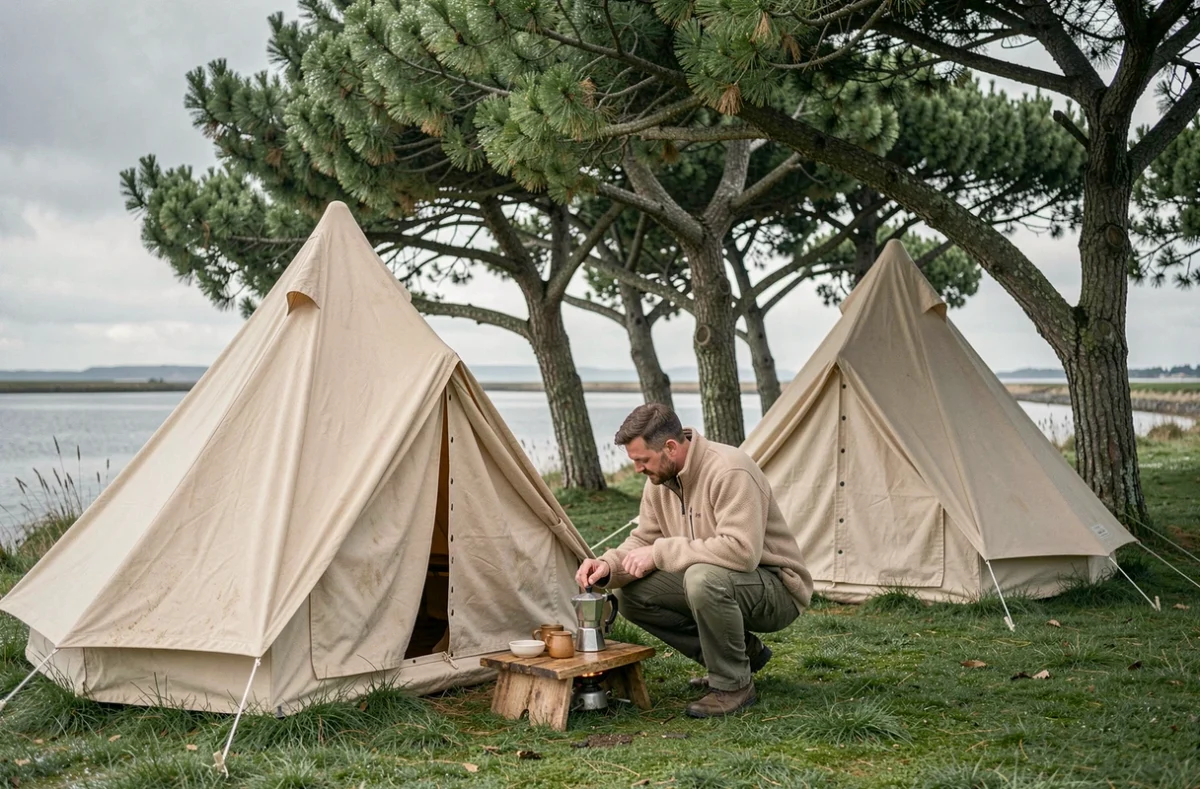 Camping en tentes canvas au bord d'un estuaire en Finistère avec homme préparant le petit déjeuner