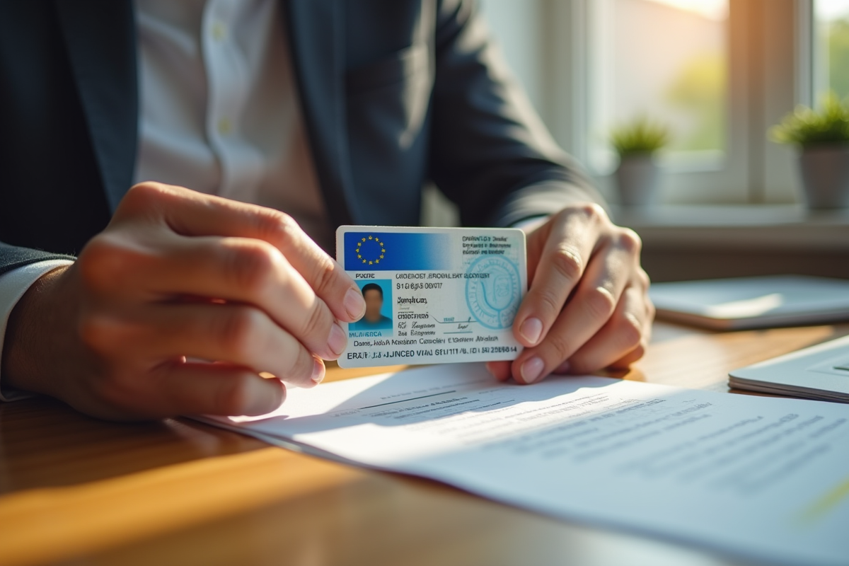 Mains tenant une carte d'identité européenne expirée sur un bureau