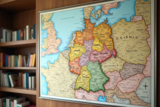 Carte politique détaillée de l'Allemagne affichée sur un mur en bois avec les États fédéraux colorés et les principales villes
