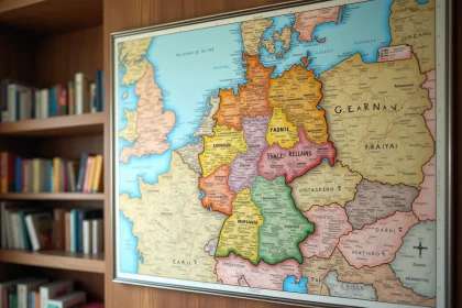 Carte politique détaillée de l'Allemagne affichée sur un mur en bois avec les États fédéraux colorés et les principales villes