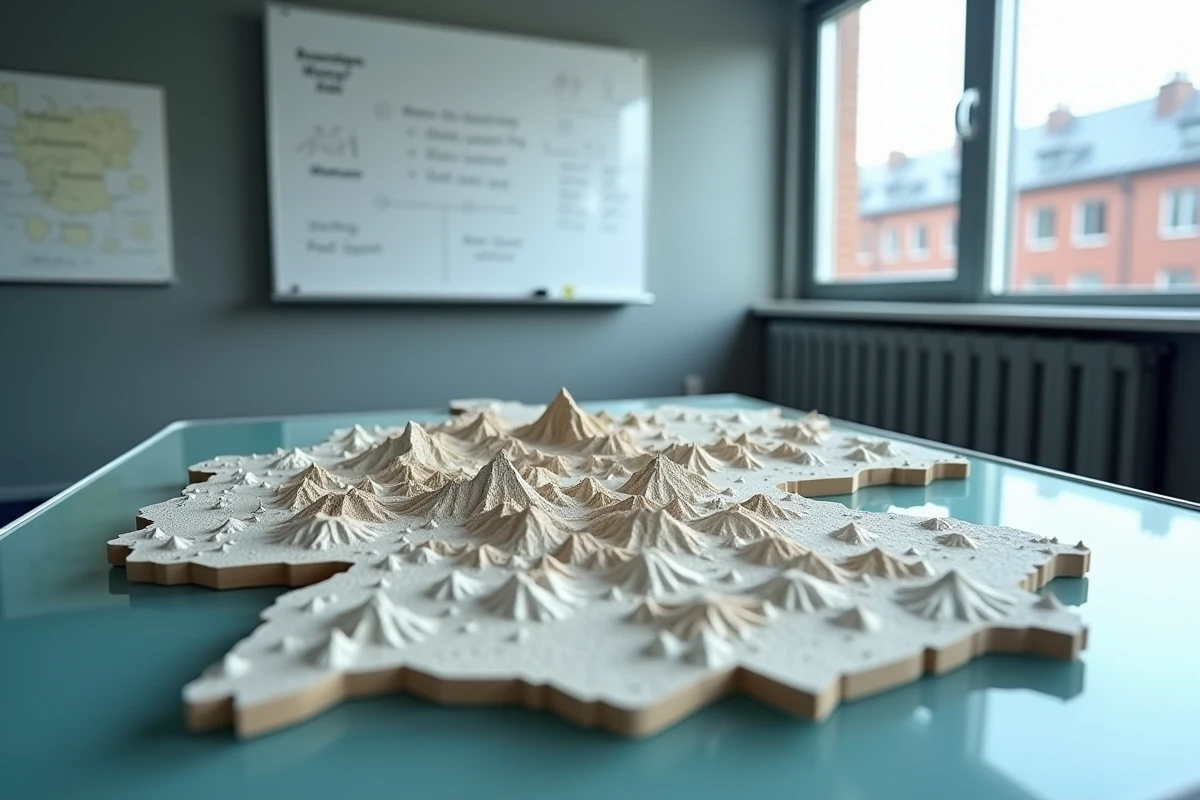 Carte en relief de l'Allemagne posée sur une table en verre dans une salle de classe moderne avec reliefs topographiques visibles