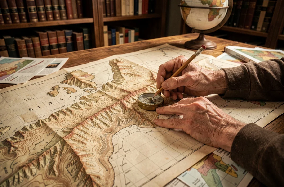 Cartographe âgé examinant une carte topographique des plus hauts sommets du monde dans un bureau académique