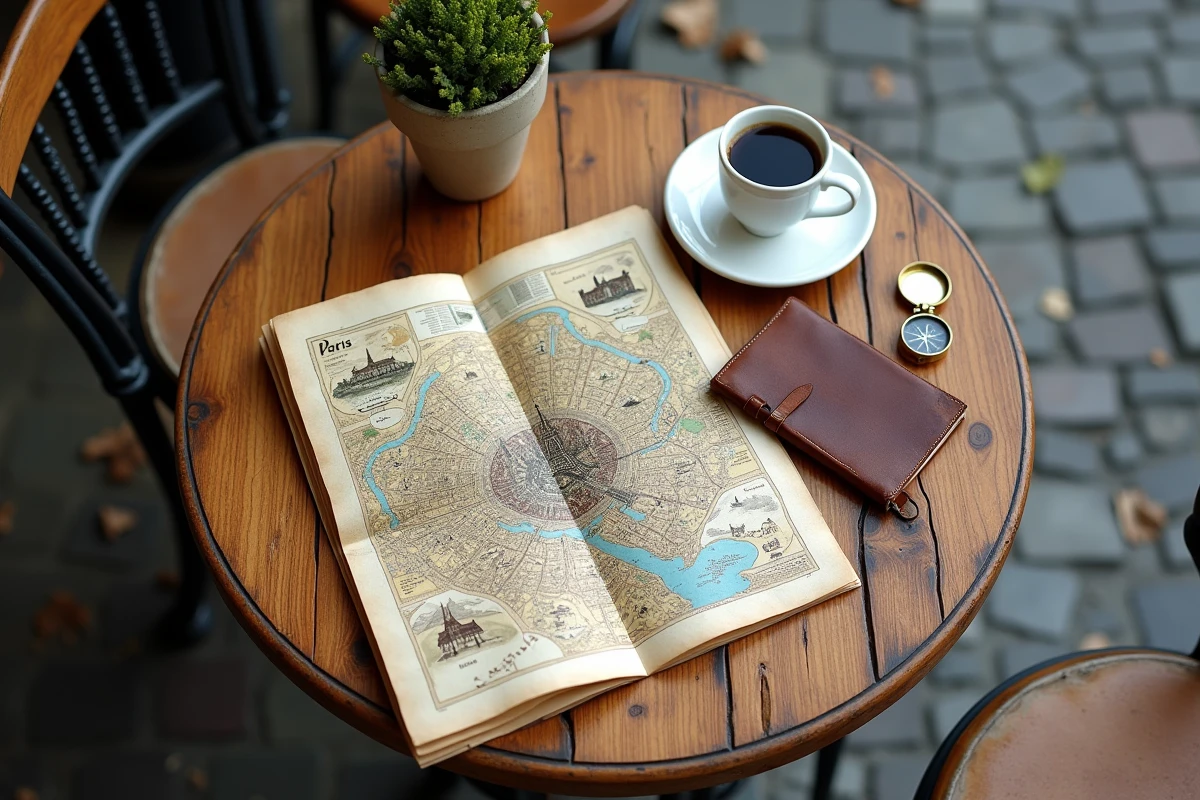 Carte touristique de Paris dépliée sur une table de café avec boussole et carnet de voyage
