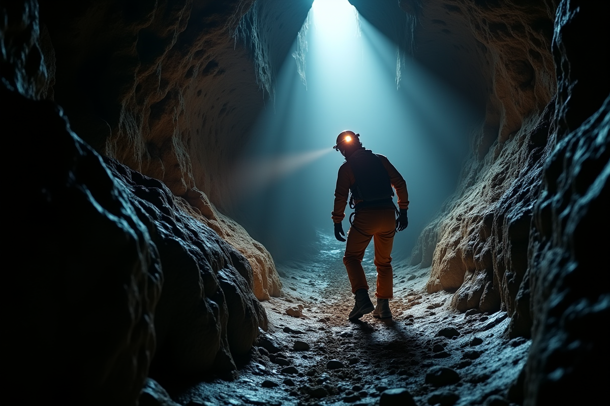 Spéléologue en équipement explore un passage étroit dans la grotte