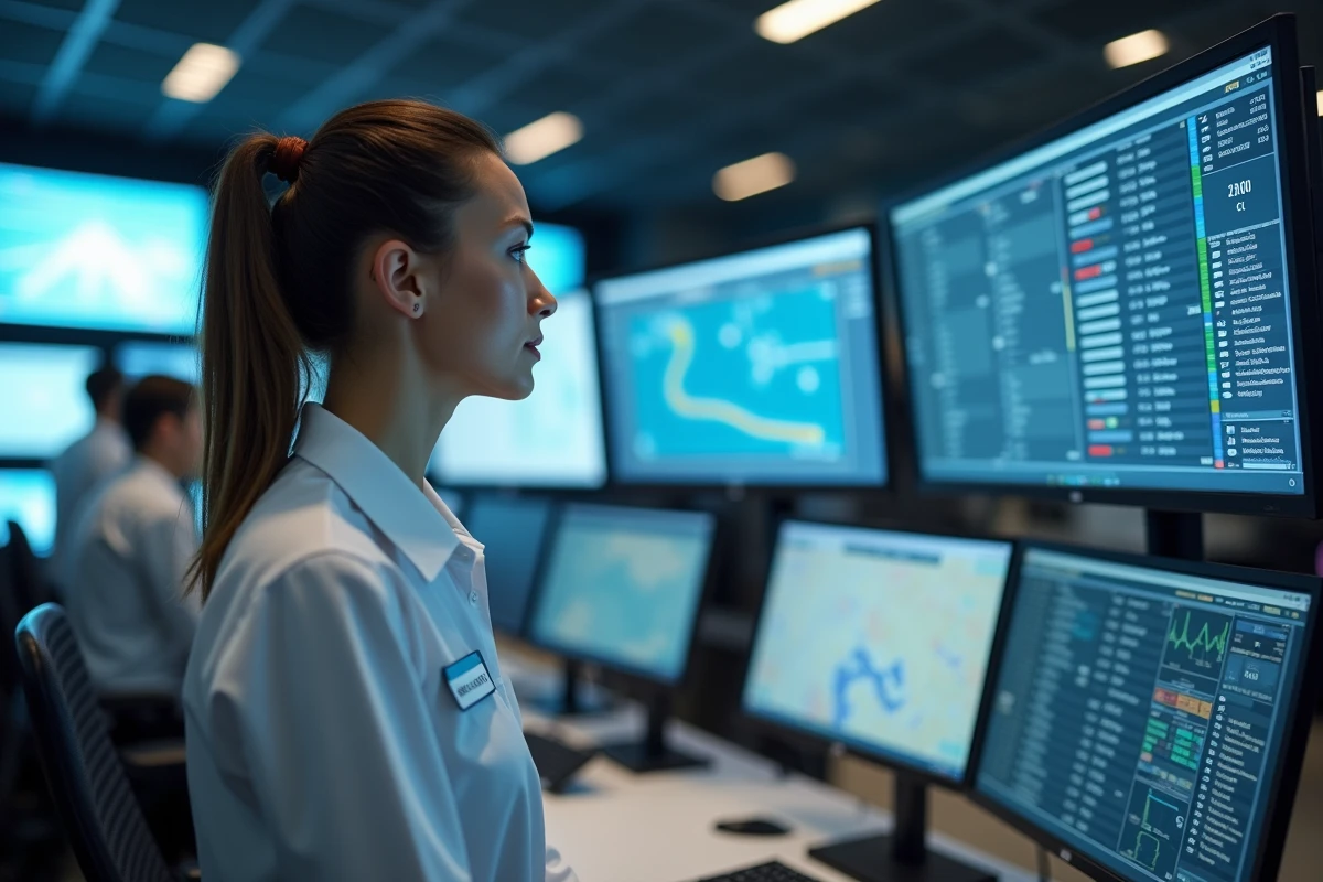 Agente de contrôle aérien analysant des données de vols en direct sur des écrans avec codes couleurs dans un centre opérationnel