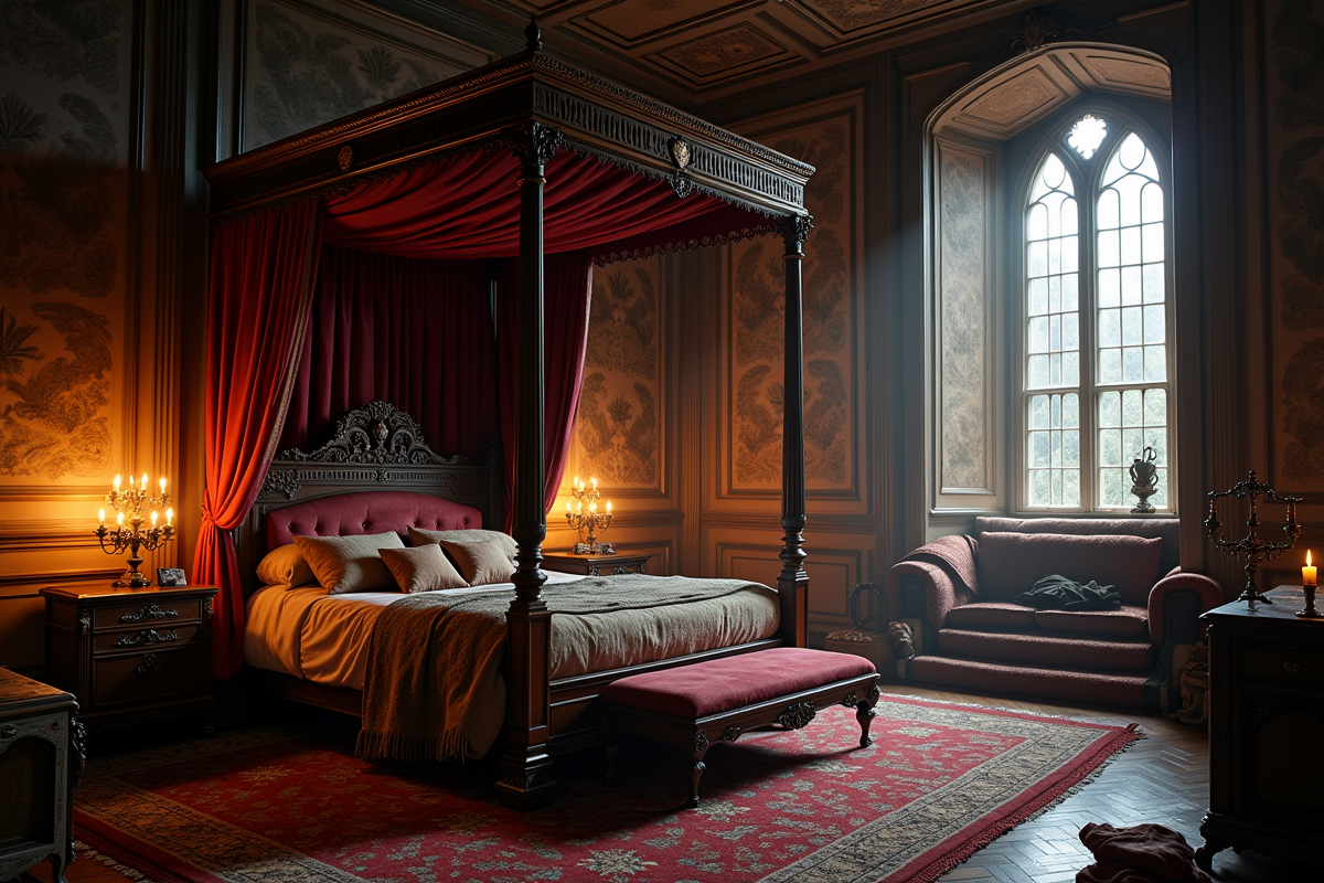 Chambre de château avec lit et costumes sous la lumière de la lune