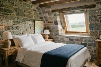 Chambre rustique dans un gîte breton en Finistère avec murs en pierre et vue sur la campagne