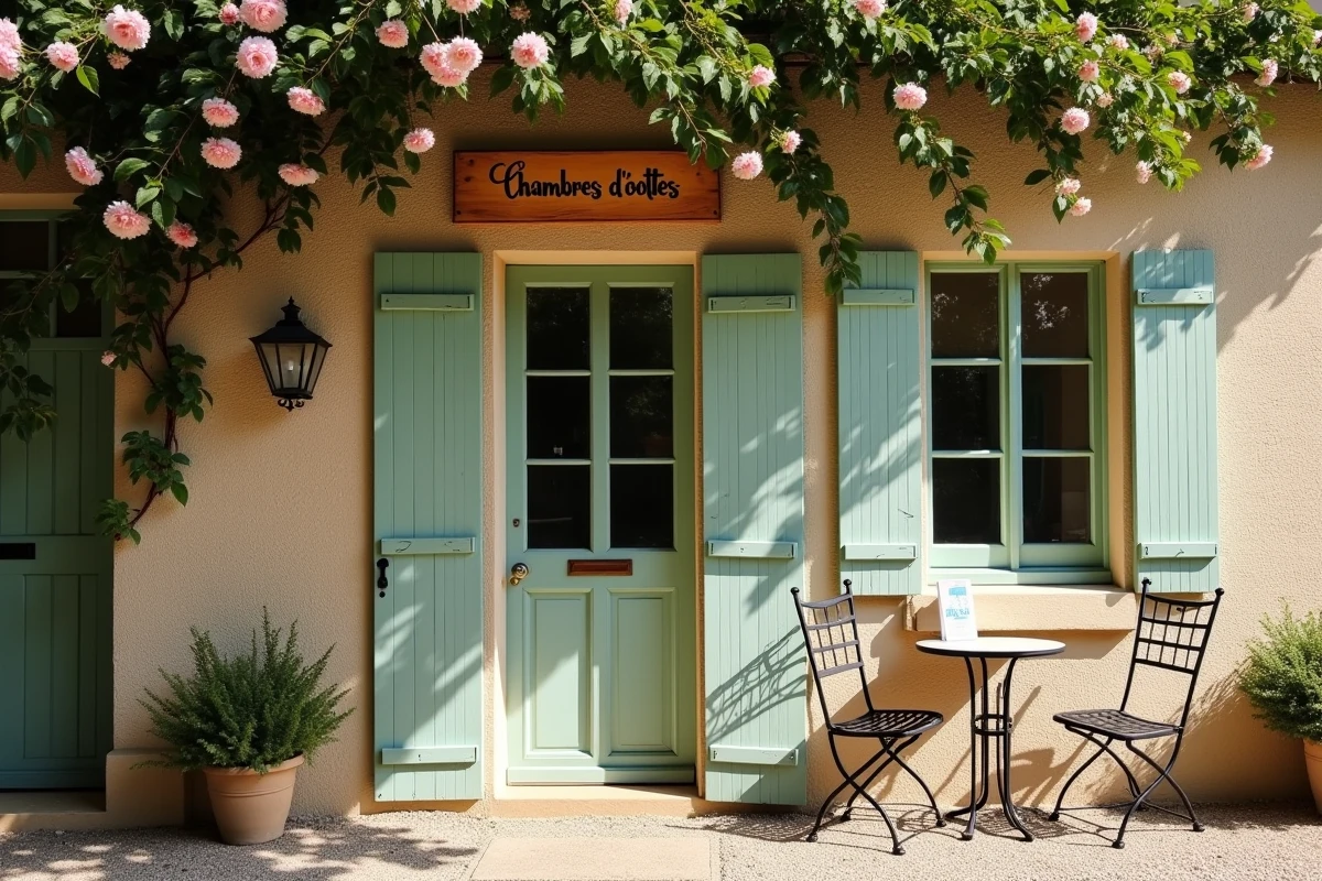 Façade d'une chambre d'hôtes authentique sur l'île de Ré avec roses grimpantes et panneau en bois peint