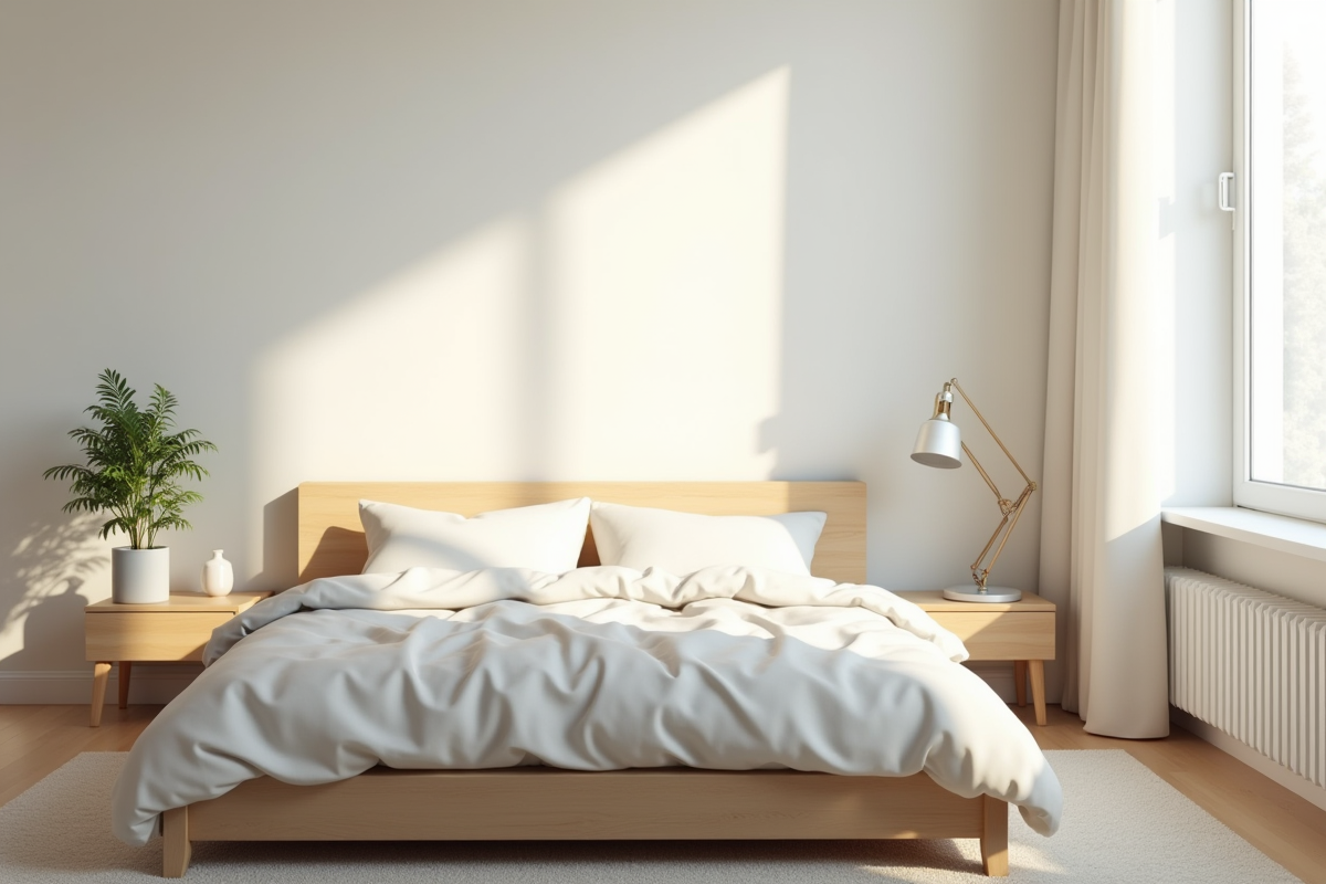 Chambre minimaliste avec lit bien fait et lumière naturelle
