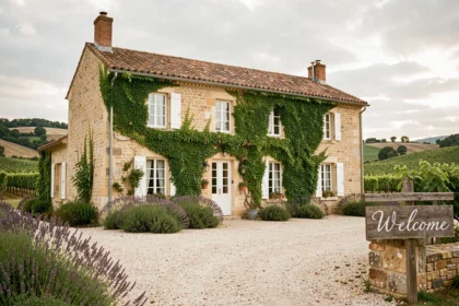 Façade d'une chambre d'hôtes en pierre typique de Nouvelle-Aquitaine entourée de vignes et de lavande
