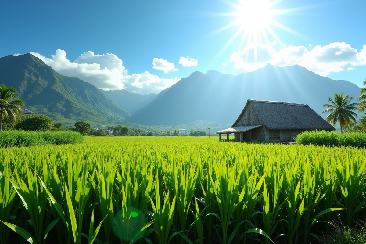 Champ de canne à sucre sous le soleil à la Réunion avec montagnes