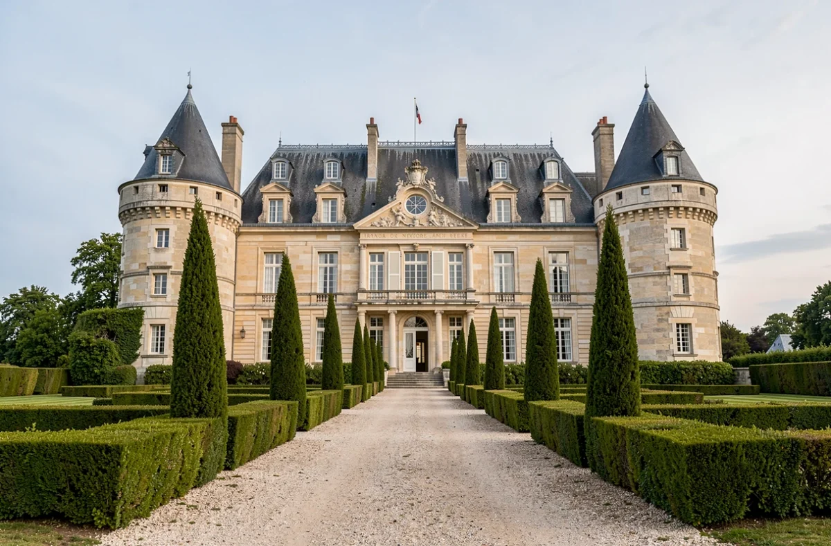 Façade majestueuse du Château La Galiane, chambre d'hôtes viticole en Gironde avec tours et jardins