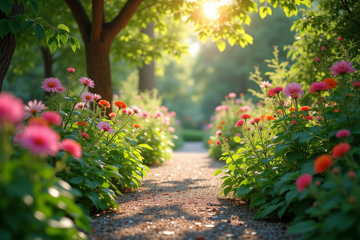Sentier de jardin paisible avec fleurs colorées et feuillage vert