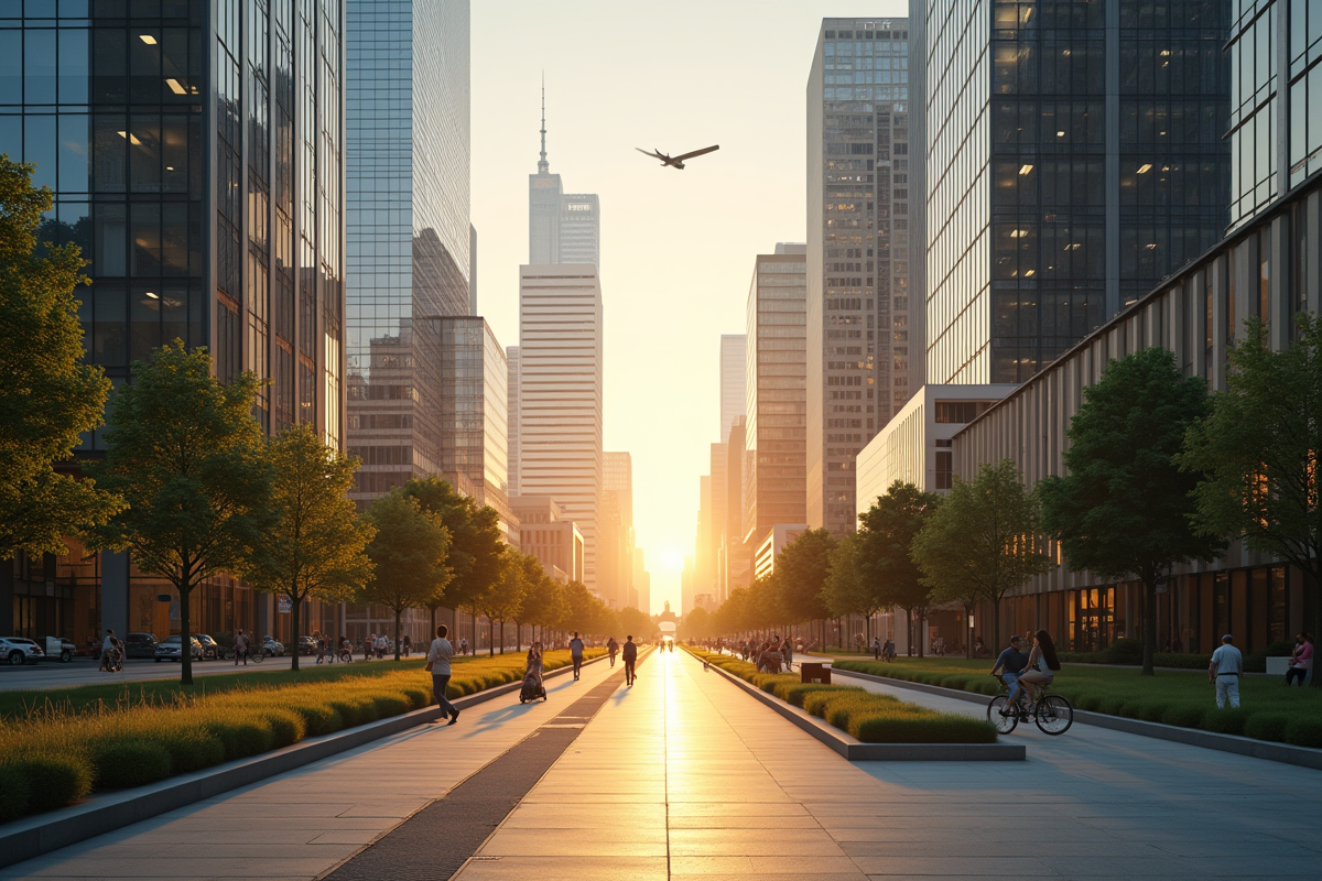 Paysage urbain moderne au lever du soleil avec bâtiments et espaces verts