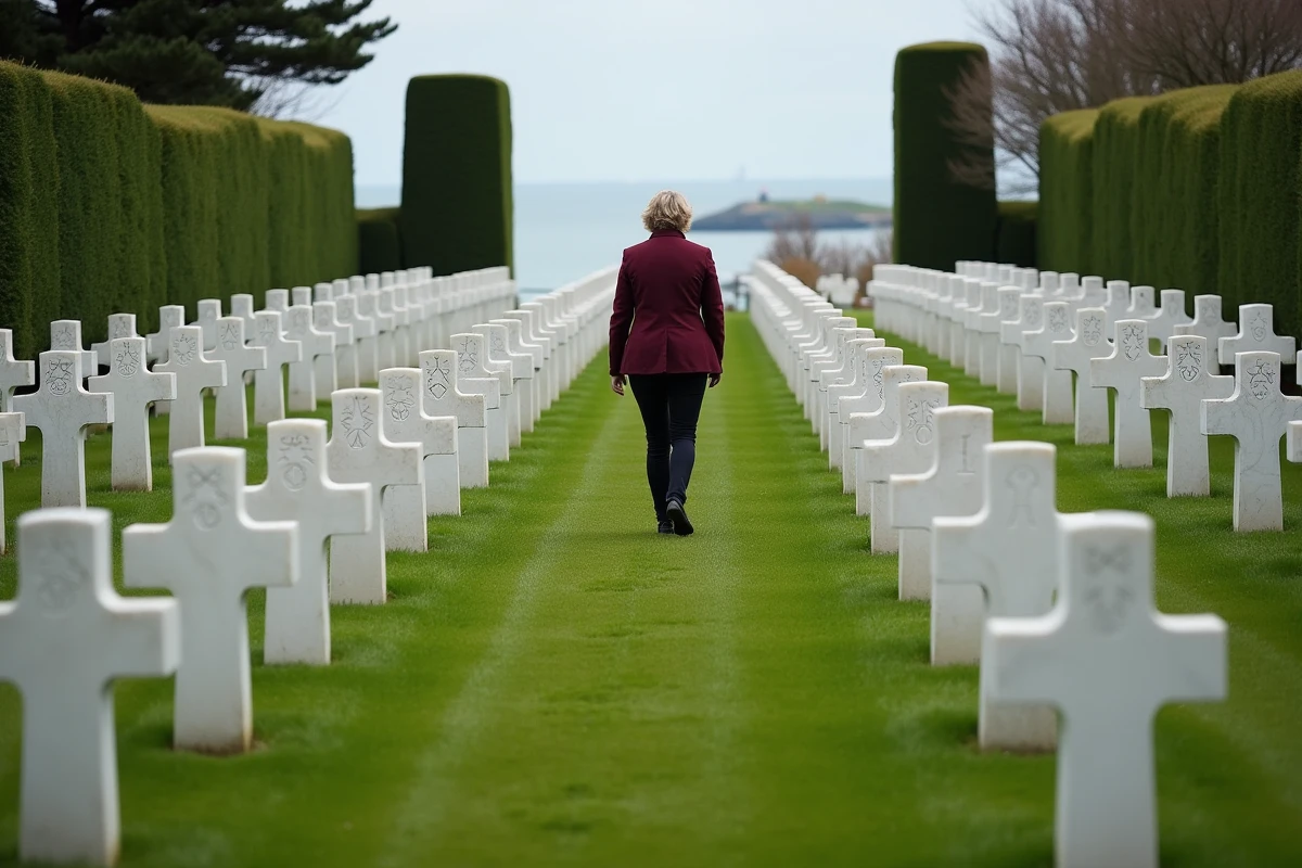 Cimetière américain de Colleville-sur-Mer avec rangées de croix blanches et visiteur en recueillement, Normandie