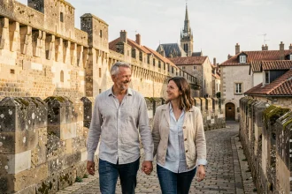 Couple se promenant le long des remparts médiévaux de la Cité Plantagenêt au Mans avec la cathédrale en arrière-plan