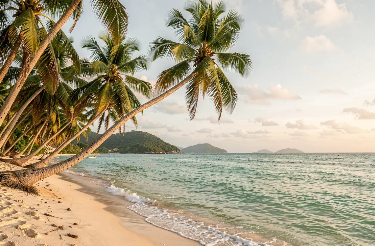 Cocotiers sur une plage des Caraïbes au bord d'une mer calme